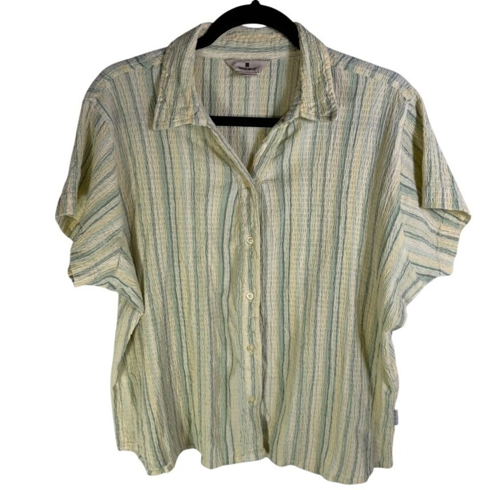 Woolrich Womens XL Striped Short Sleeve Button Up Shirt Green Yellow Textured